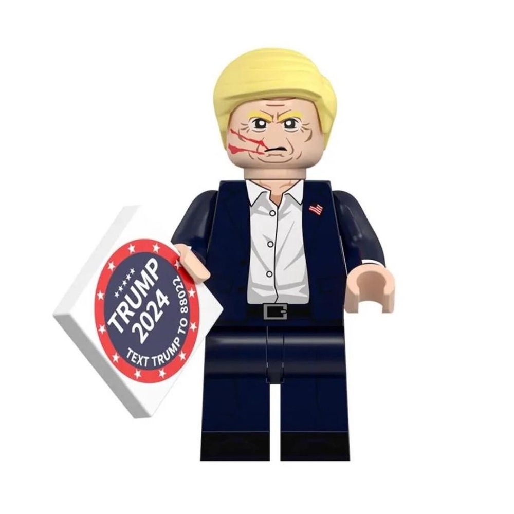 Lego Trump Action Figure with Yellow Hair and Blue Suit